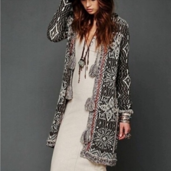 Free People Sweaters - Free People Kai Tassel Pom Hooded Long Cardigan Size XS Bohemian